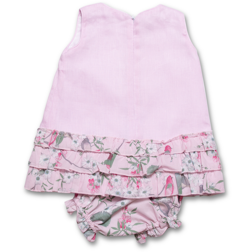 Vestido de lino rosa con olanes plisados - Micuquet